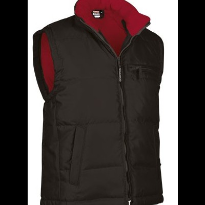 Colete acolchoado preto com interior vermelho e fecho zip