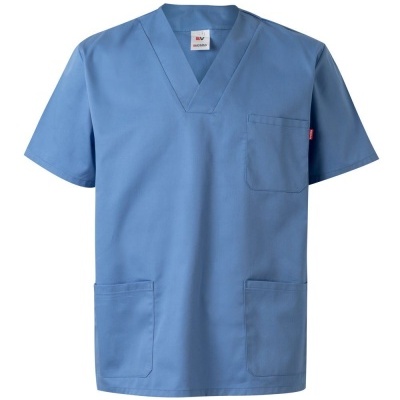 Blusa de uniforme médico azul clara com decote em V e três bolsos
