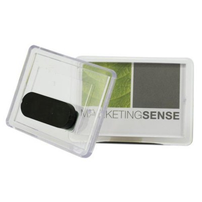 Suporte magnético para telemóvel preto com base transparente sobre cartão com texto MARKETING SENSE