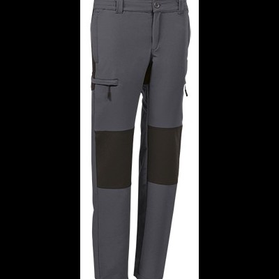 Calças de trabalho cinza com reforços pretos nos joelhos e bolsos laterais