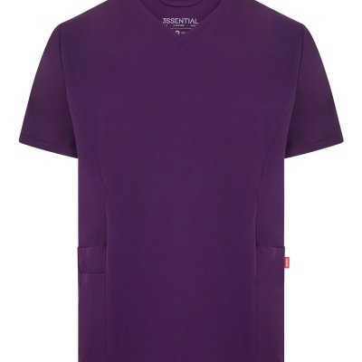 T-shirt curta roxa com bolsos e etiqueta vermelha
