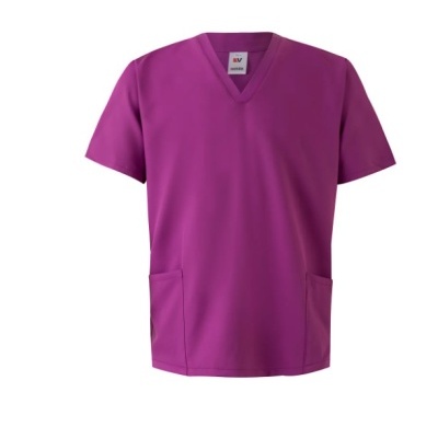 T-shirt magenta com decote em V e bolsos frontais