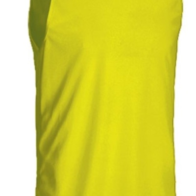 Camisola sem mangas amarela fluorescente com etiqueta interna visível