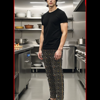 Homem jovem em cozinha profissional com roupa casual preta e calças padrões coloridos