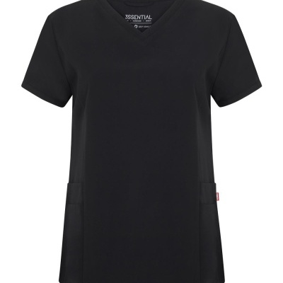 T-shirt preta de manga curta com decote em V e bolso lateral discreto