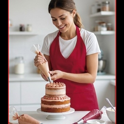 Mulher a decorar bolo com creme rosa em cozinha