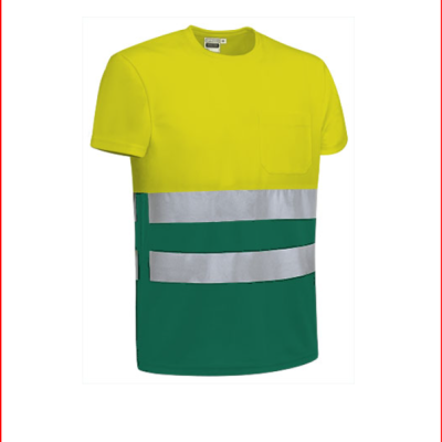 Camisola de manga curta amarelo fluorescente e verde com bandas reflexivas prateadas