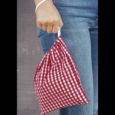 Mala pequena xadrez vermelha e branca segurada à mão