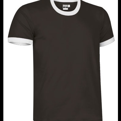 T-shirt preta com gola branca e bainhas brancas nas mangas