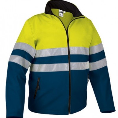 Casaco softshell amarelo e azul escuro com faixas reflexivas cinzentas