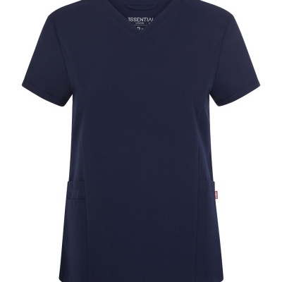 Camisola azul escuro de manga curta com decote em V e bolsos frontais.