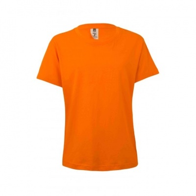 T-shirt unissexo laranja de manga curta com gola redonda e etiqueta interna branca