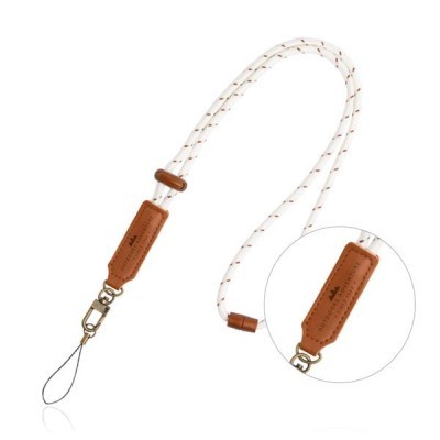 Cordão branco com pontos castanhos e couro castanho para telemóvel ou chaves