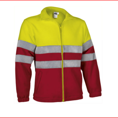 Casaco de trabalho amarelo fluorescente e vermelho com faixas refletoras e zíper frontal