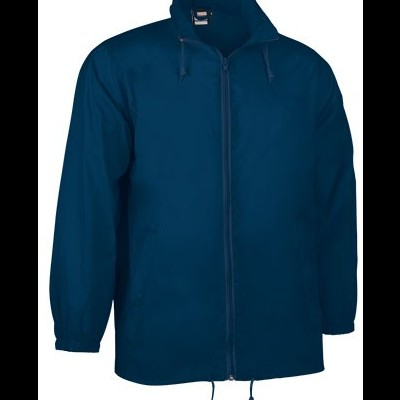 Casaco azul escuro impermeável com fecho e cordões