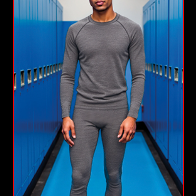 Homem jovem com conjunto térmico cinzento de manga comprida e calças justas em corredor com cacifos azuis