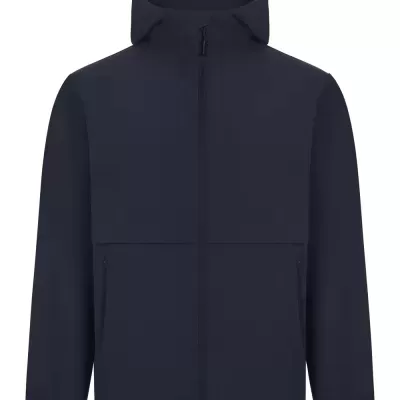 Casaco azul escuro com capuz, fecho zip e bolsos laterais