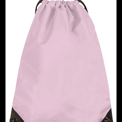 Mochila saco rosa claro com cordões pretos e cantos reforçados pretos