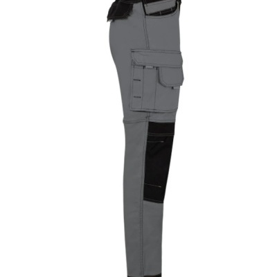 Calças de trabalho cinza e preto com bolsos e costuras reforçadas