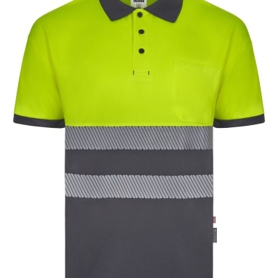 Polo de trabalho amarelo fluorescente e cinza com faixas reflexivas