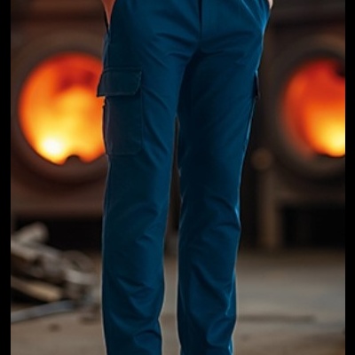 Calças de trabalho azuis com bolso tipo cargo em ambiente industrial