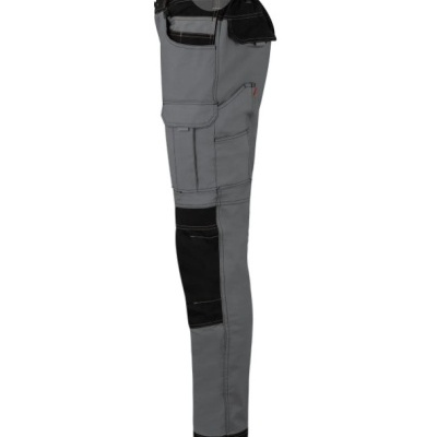 Calças de trabalho cinza e preto com bolsos e reforços