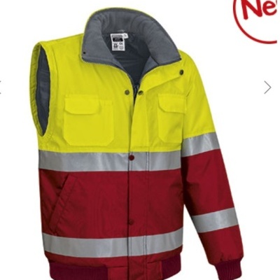 Colete de alta visibilidade amarelo e vermelho com fitas refletoras e bolsos frontais