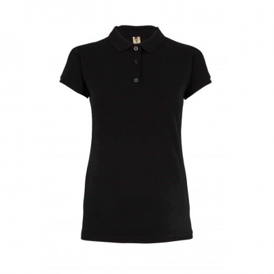 Polo feminina preta de manga curta com três botões