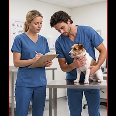 Profissionais de saúde veterinária com cão num consultório clínico