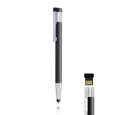 Caneta preta com detalhes prateados e dispositivo USB destacável