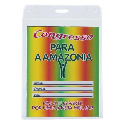 Cartão de congresso com design colorido e texto em português.