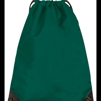 Mochila saco verde escura com cordões pretos e reforços pretos nos cantos inferiores