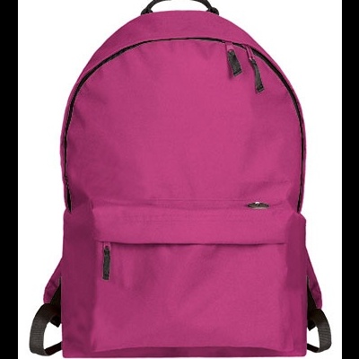 Mochila rosa com fechos pretos e bolso frontal