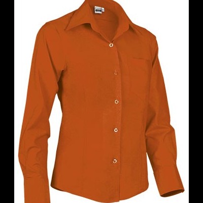 Camisa laranja de mulher com botões e bolso no peito