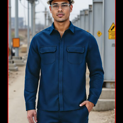 Homem com uniforme azul, capacete branco e óculos de proteção em ambiente industrial