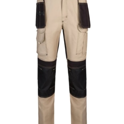 Calças de trabalho bege com reforços pretos e bolsos laterais