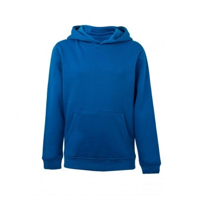 Camisola com capuz azul, tecido liso, bolso frontal e punhos
