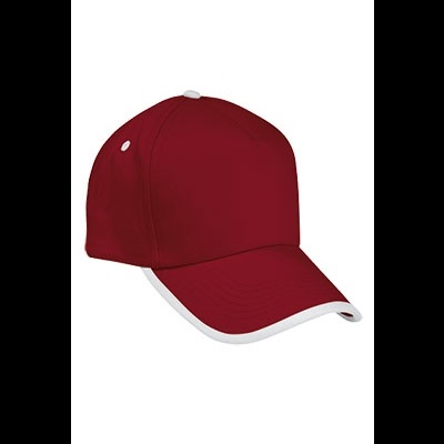 Boné de basebol vinho com detalhes brancos numa aba curvada