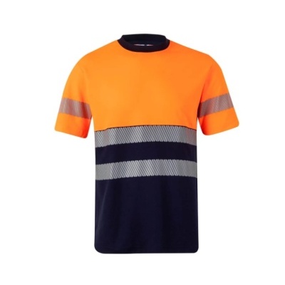 T-shirt de trabalho laranja e preta com faixas refletoras.