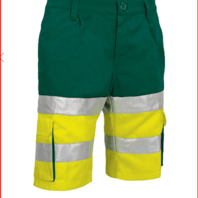 Calções de trabalho verdes e amarelos com faixas reflexivas