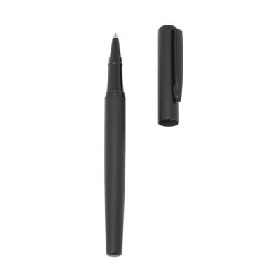 Caneta preta com tampa destacada ao lado, fundo branco