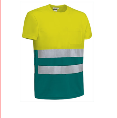 Camiseta de trabalho amarela e verde com faixas reflexivas