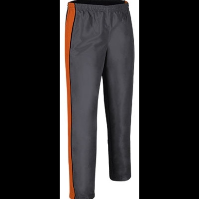 Calças desportivas cinza com faixa laranja lateral