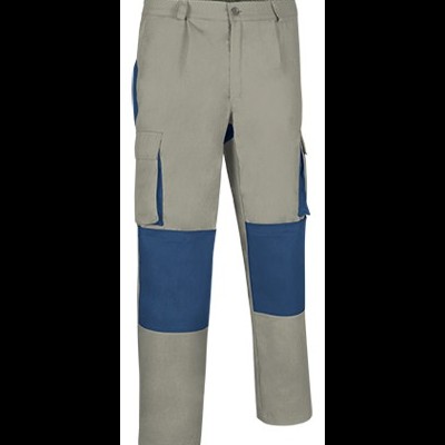 Calças de trabalho cinza e azul com bolsos laterais