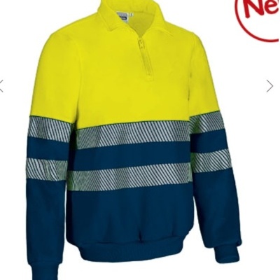 Sweatshirt de alta visibilidade amarelo e azul com faixas refletoras e fecho curto, fundo branco