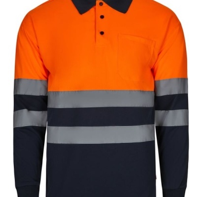 Polo de manga comprida laranja e azul com faixas refletoras cinza