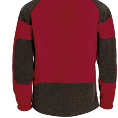 Jaqueta vermelha com detalhes cinzentos, vista traseira