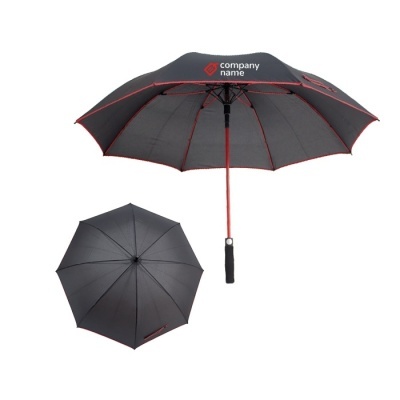 Guarda-chuva preto e vermelho com texto 'company name'