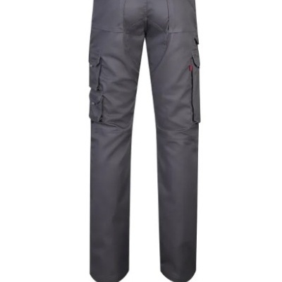 Calças de trabalho cinza escuras com bolsos múltiplos e costuras reforçadas