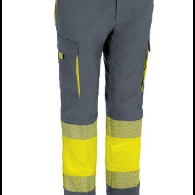 Calças de trabalho cinzentas com detalhes amarelos e faixas refletoras